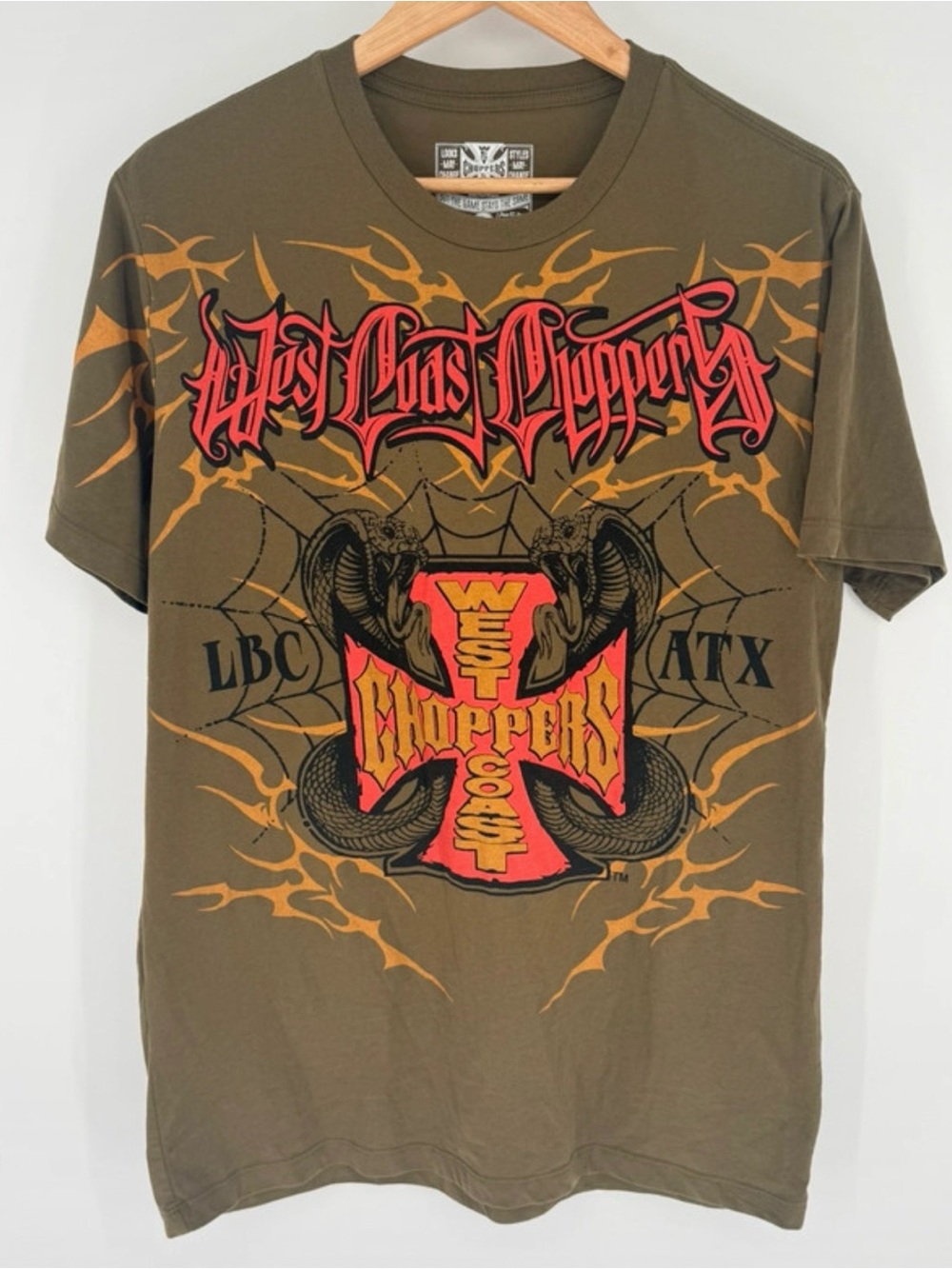 West Coast Choppers Men’s Large olive green t-shirt Iron Cross Biker Tee